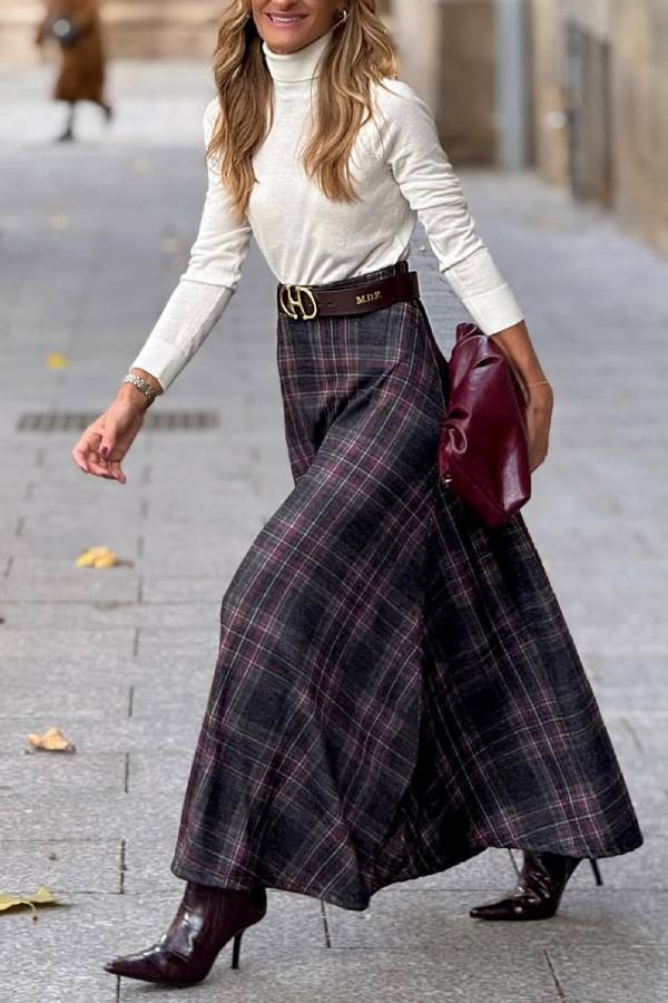 Retro Style Wide Hem Plaid Skirt