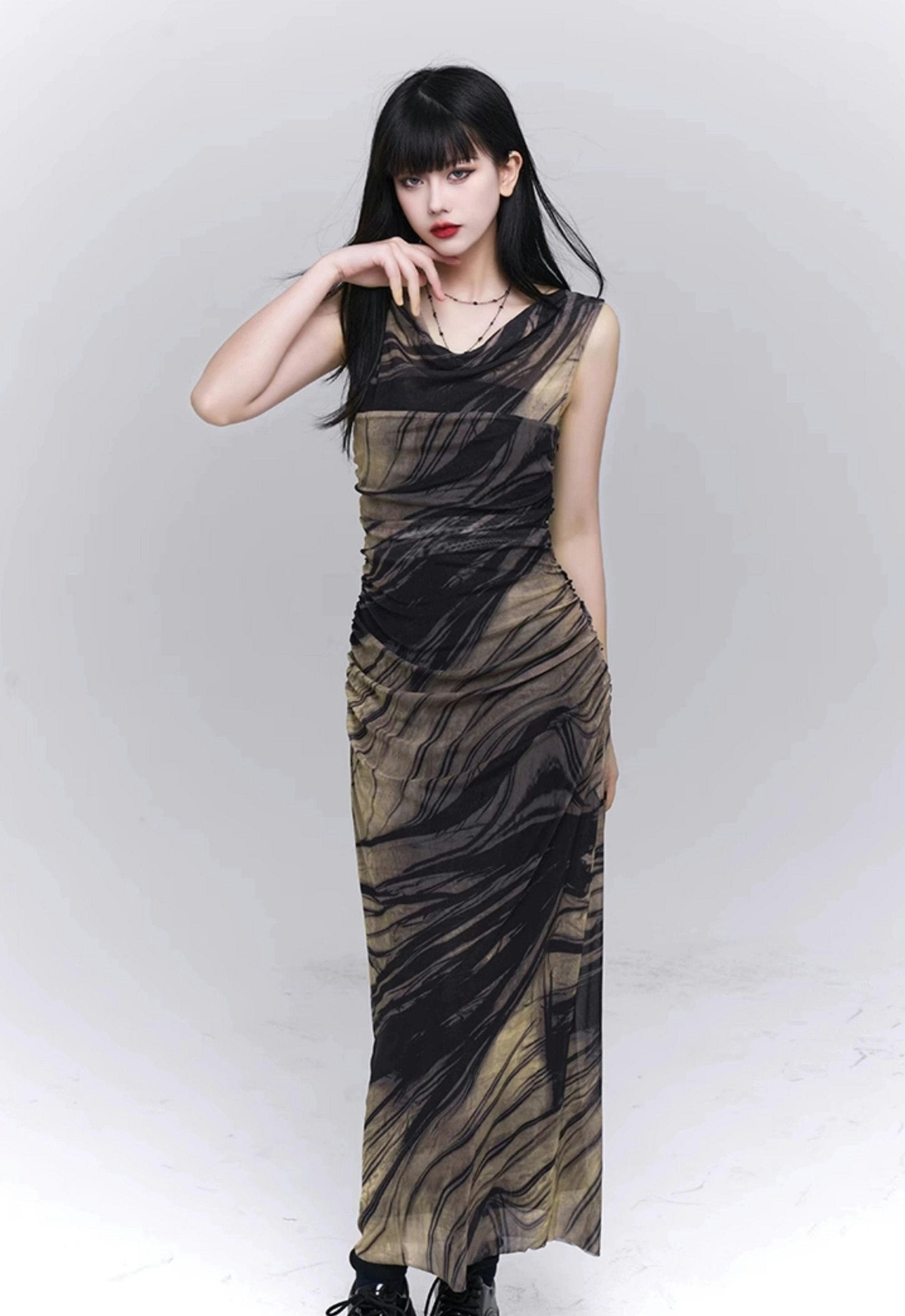 Marble Print Mesh Maxi Dress