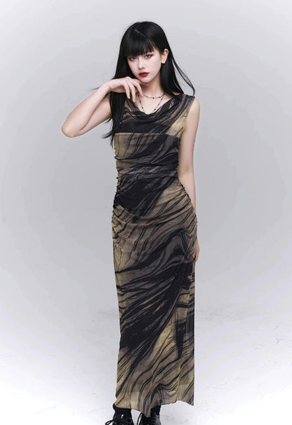 Marble Print Mesh Maxi Dress