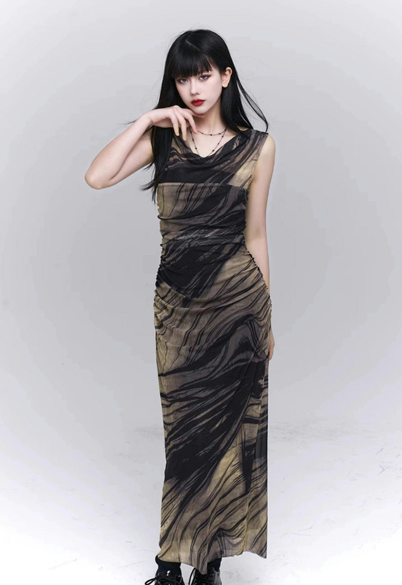 Marble Print Mesh Maxi Dress