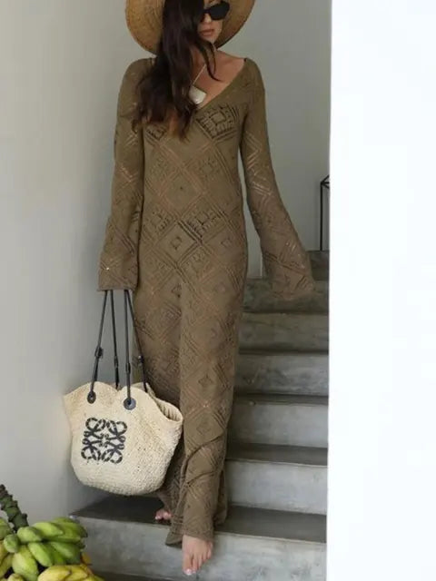 See-through Loose Dress Flared Sleeve for Backless Hollow Out Holiday Beach Outfits V-neck Pullover Maxi Dress