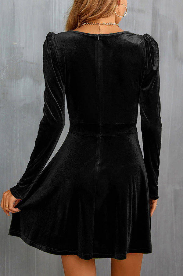 Velvet V-neck Long-sleeved Waist Mini Dress