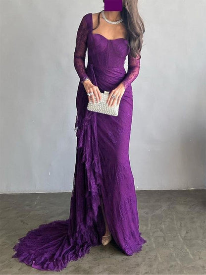 Long Sleeves Mermaid Mesh See-through Split-side Square-neck Evening Dresses Maxi Dresses
