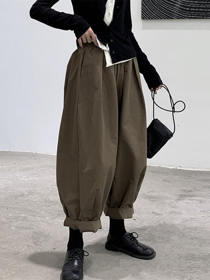 Simple Coffee Elasticity High-waisted Pockets Pleated Harem Pants Ws009