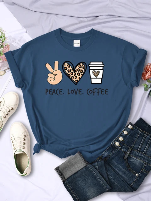 Peace Love Coffee Prints Tshirts Cotton T-shirts Brand Breathable Tees Shirts Street O-neck Tshirt for