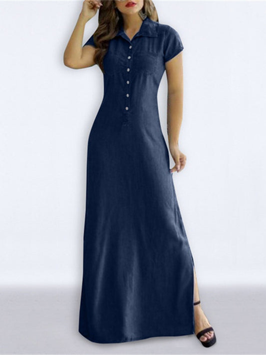 High Waisted Buttoned Pockets Split-side Lapel Maxi Dresses