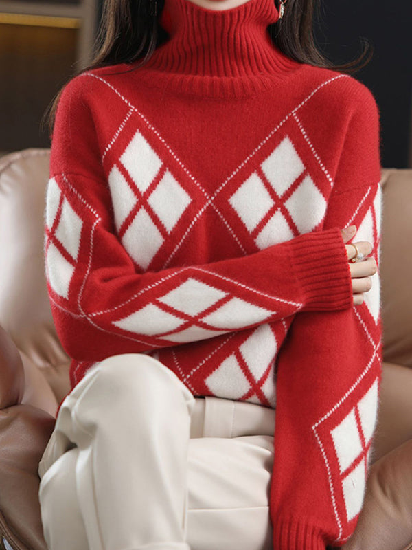 Red High-neck Contrast Color Plaid Long Sleeves Sweater Qx014