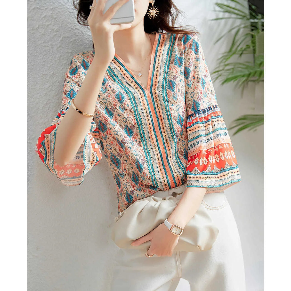 Woman Summer Style Chiffon Blouses Tops Lady Hafl Flare Sleeve V-neck Printed Blusas Tops Zz1326