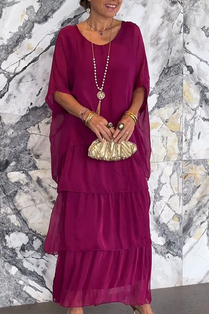 Color Crew Neck Loose Tiered Maxi Dress
