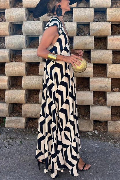 Fresh Breeze Unique Print Ruffle Sleeve A-line Maxi Dress