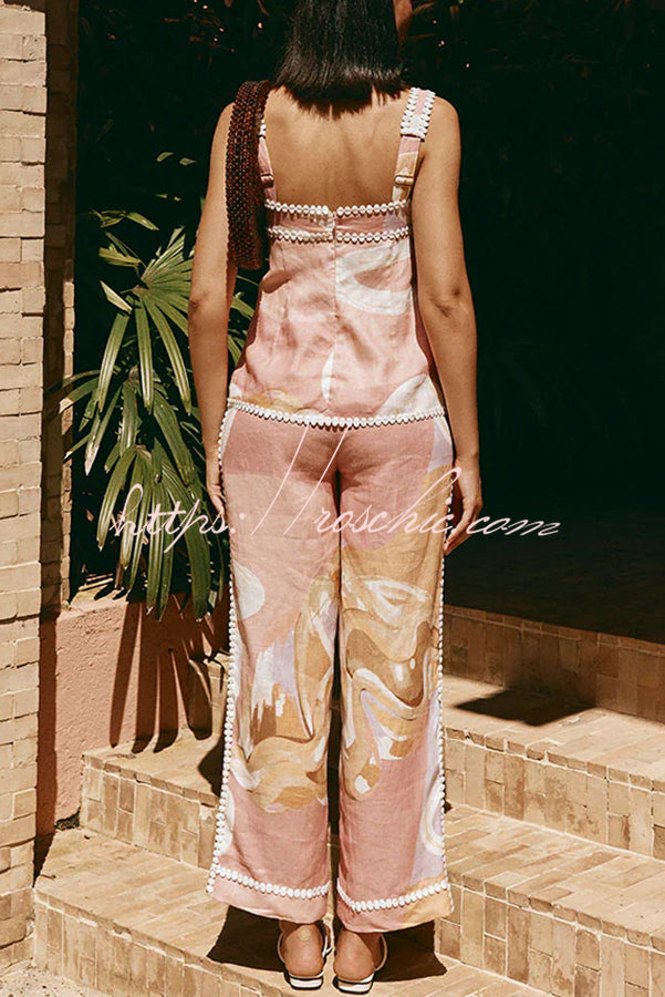 European Summer Linen Blend Ric Rac Trims High Rise Pocket Loose Pants