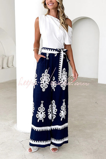 Unique Print Belted Pocket Wide Leg Pants