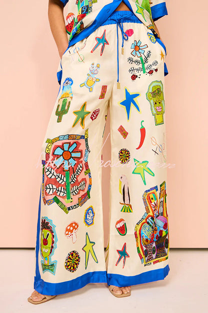 Vibrant Beach Satin Unique Print Colorblock Trim Elastic Waist Pocketed Wide Leg Pants