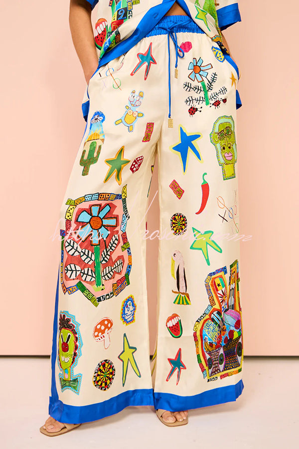 Vibrant Beach Satin Unique Print Colorblock Trim Elastic Waist Pocketed Wide Leg Pants