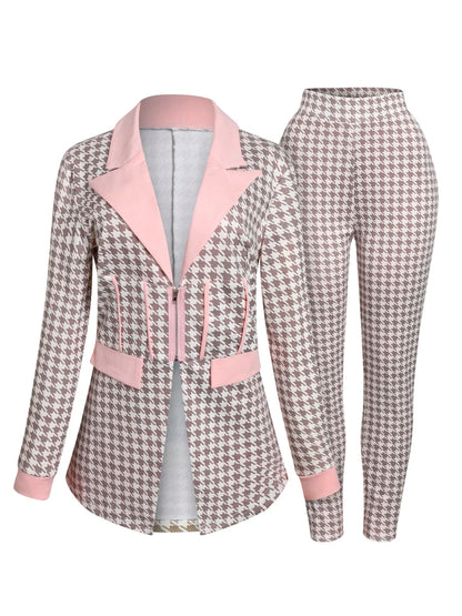 5xl Houndstooth Blazer Pants Set Two-piece Office Lady Outfits Spring