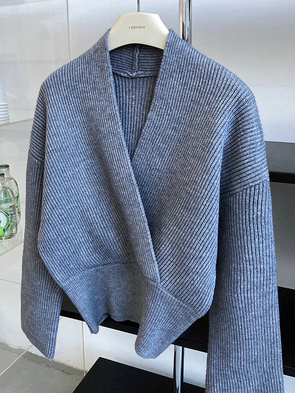 French Grey Cross V-neck Long Sleeve Sweater Qx012