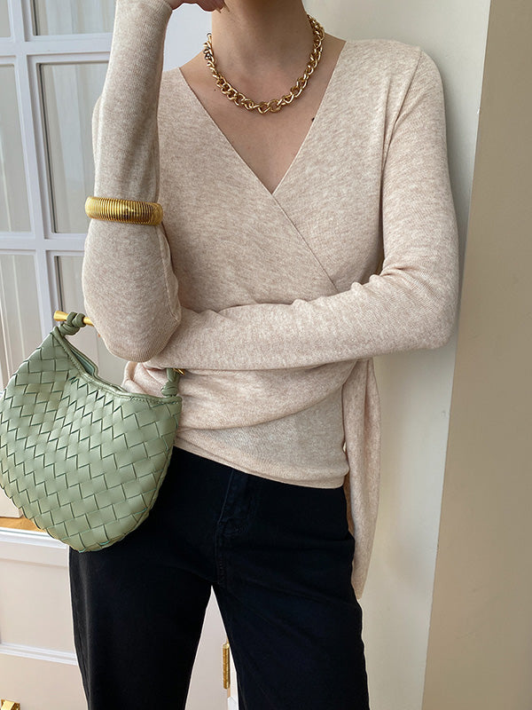 French Apricot V-neck Asymmetric Lace-up Long Sleeves Sweater Qx015
