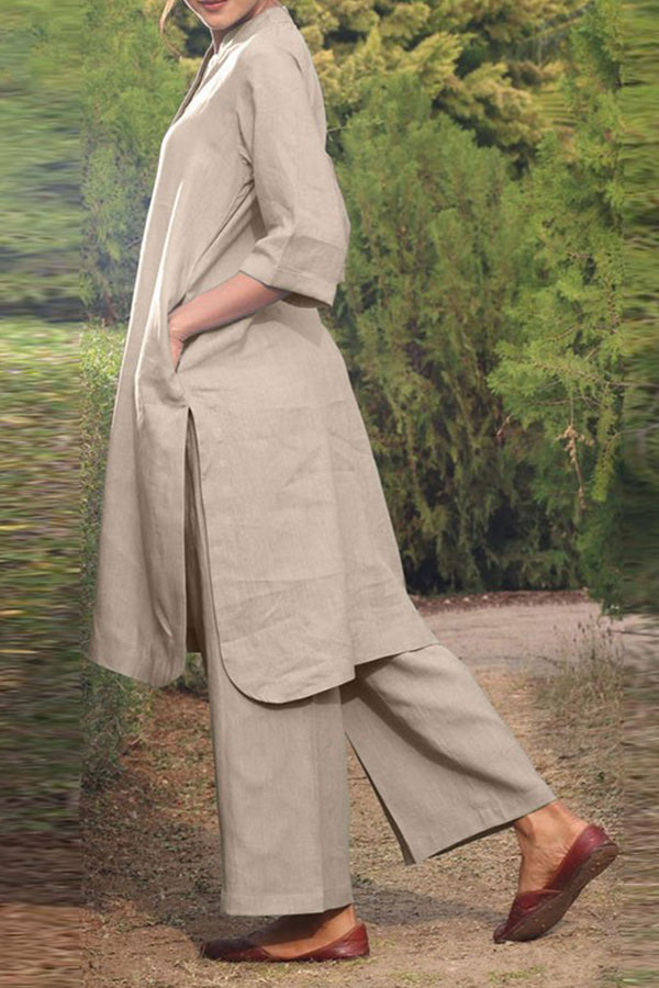 Cotton and Linen V-neck 3\/4 Sleeve Wide Brimmed Pants 2-piece Set
