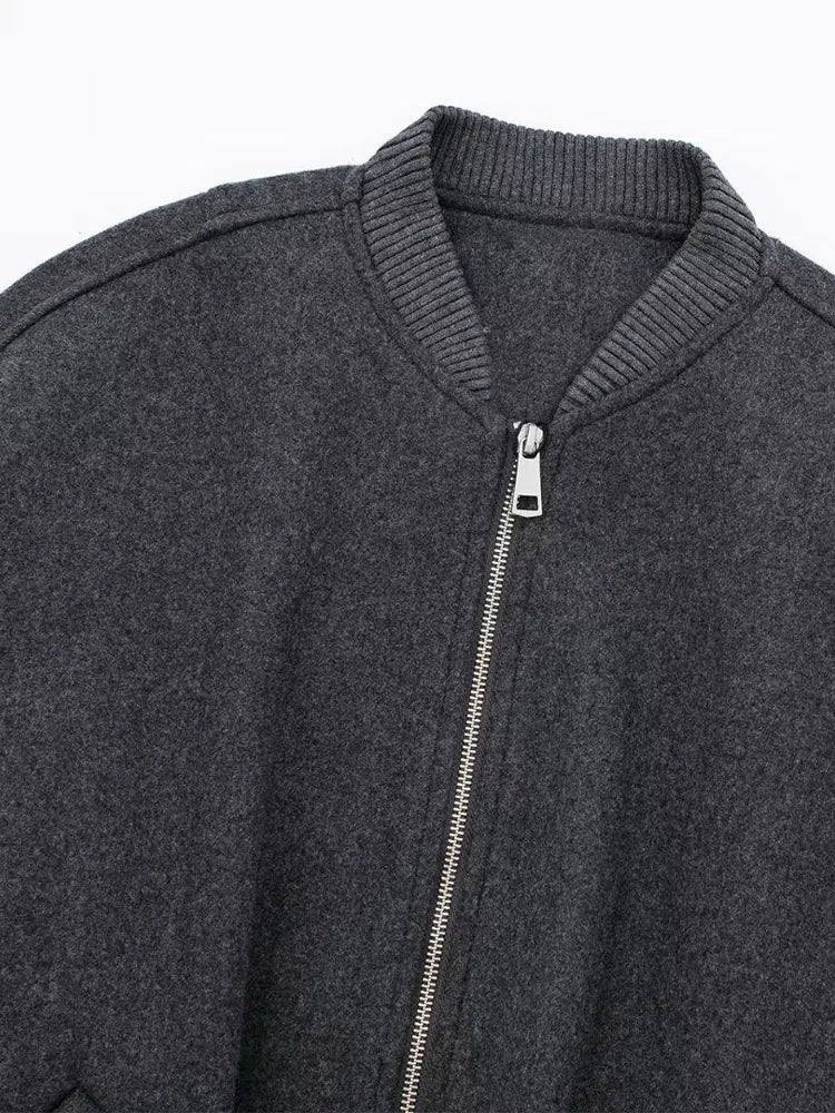 Soild Bomber Jacket for Autumn Long Sleeve Zipper Pocket Coats Female Stand Collar Street Lady Outerwear