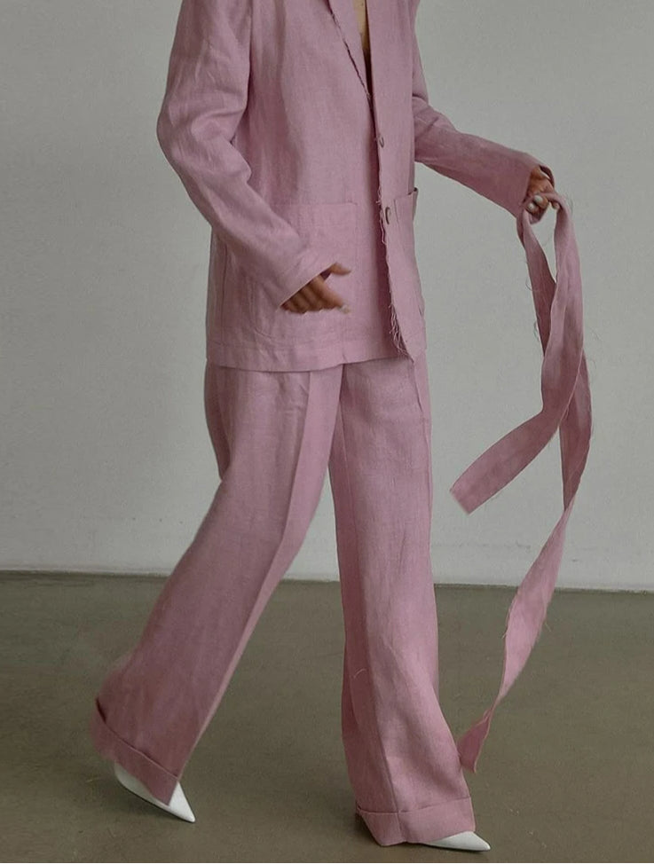Pink Cotton Lace-up Wide Pants Office Two Piece Set