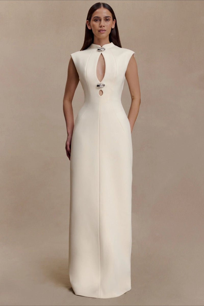 Asymmetrical Cutout Metal Trim Ruched Maxi Dress