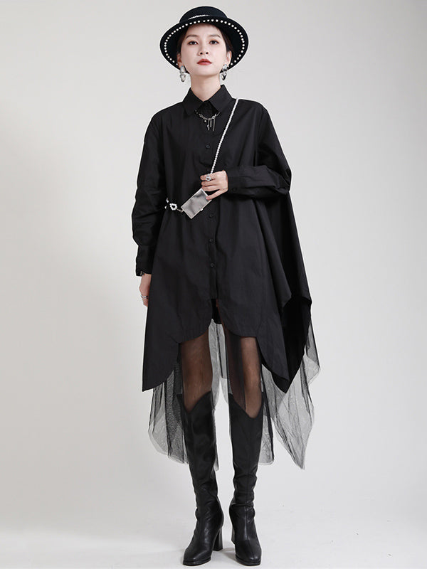 Urban Loose Split-joint Lapel Long Sleeves Midi Dress