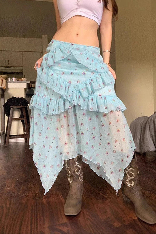 Sheer Low Waist Asymmetrical Ruffle a Line Skirt
