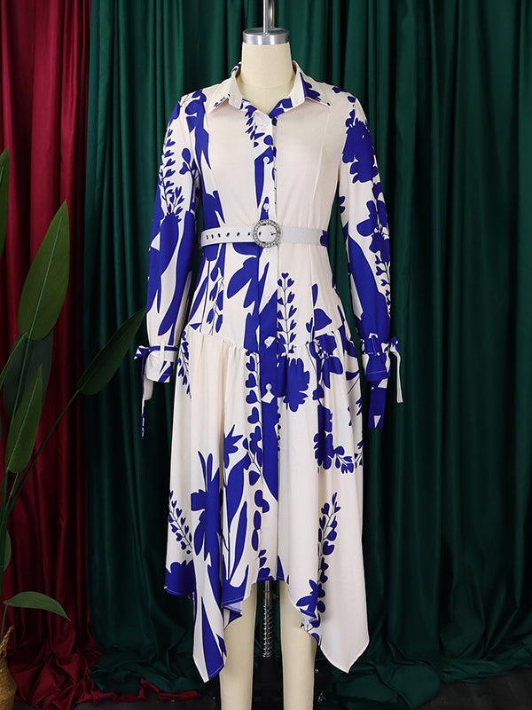 Irregular Clipping Long Sleeves Lace-up Pleated Printed Split-joint Tied Waist Lapel Maxi Dresses Shirt Dress