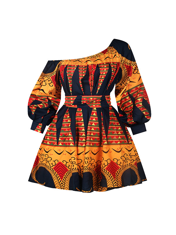 High Waisted Loose Elasticity Printed Tied Waist One-shoulder Mini Dresses