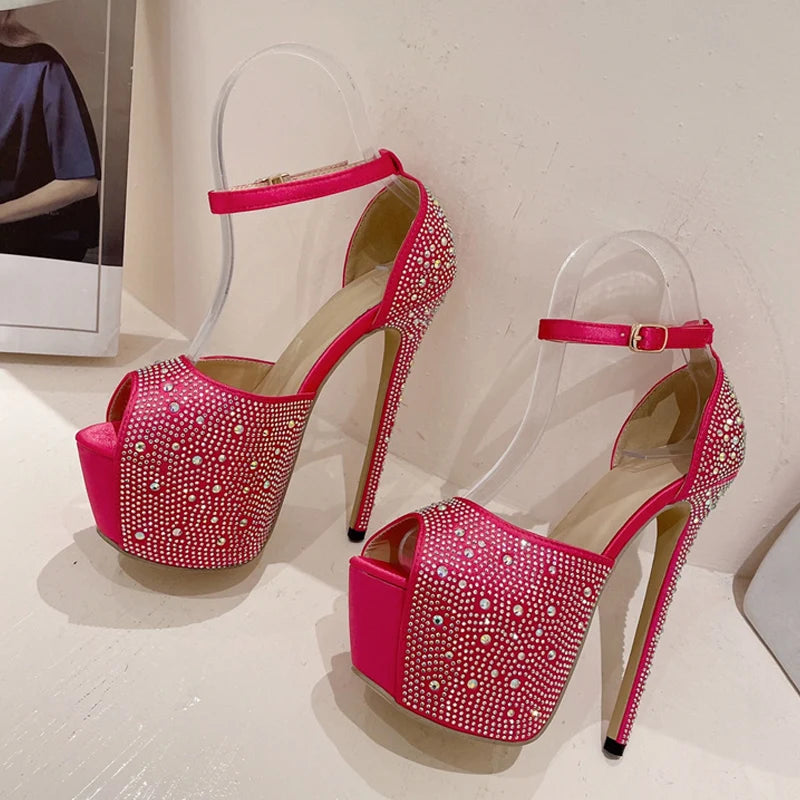 Liyke Summer Crystal Rhinestone Silk Platform Sandals Peep Toe Stripper Heels Wedding Banquet Shoes Pumps