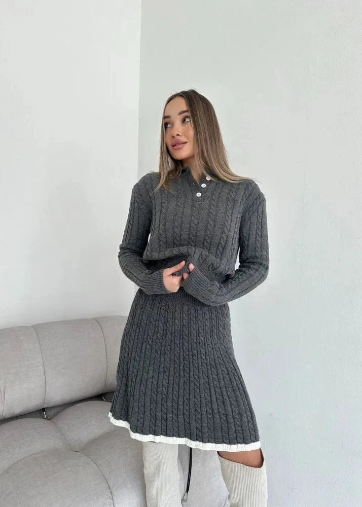 Cable-knit Buttoned Sweater Dress Set