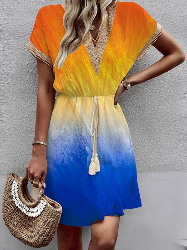 A-line Loose Elasticity Gradient Hollow Split-joint Tasseled Tied Waist V-neck Mini Dresses