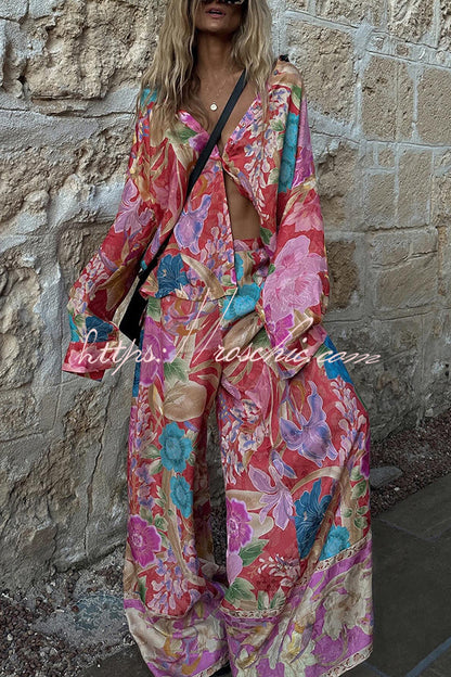 Painter's Garden Print Elastic Waist Pocketed Wide Leg Pants