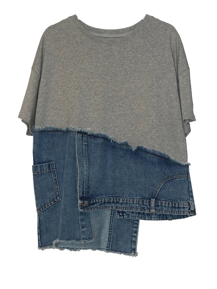 Denim Street Patchwork Sleeve White Short T-shirt O-neck Hem