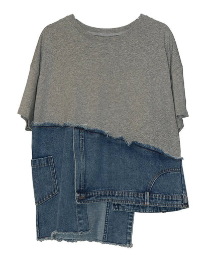 Denim Street Patchwork Sleeve White Short T-shirt O-neck Hem