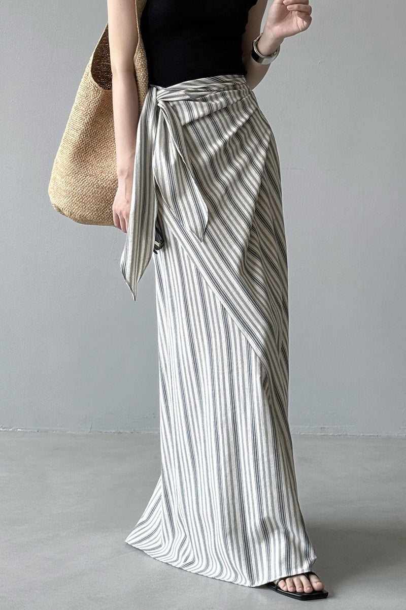 High Waist Striped Tie Waist a Line Maxi Skirt