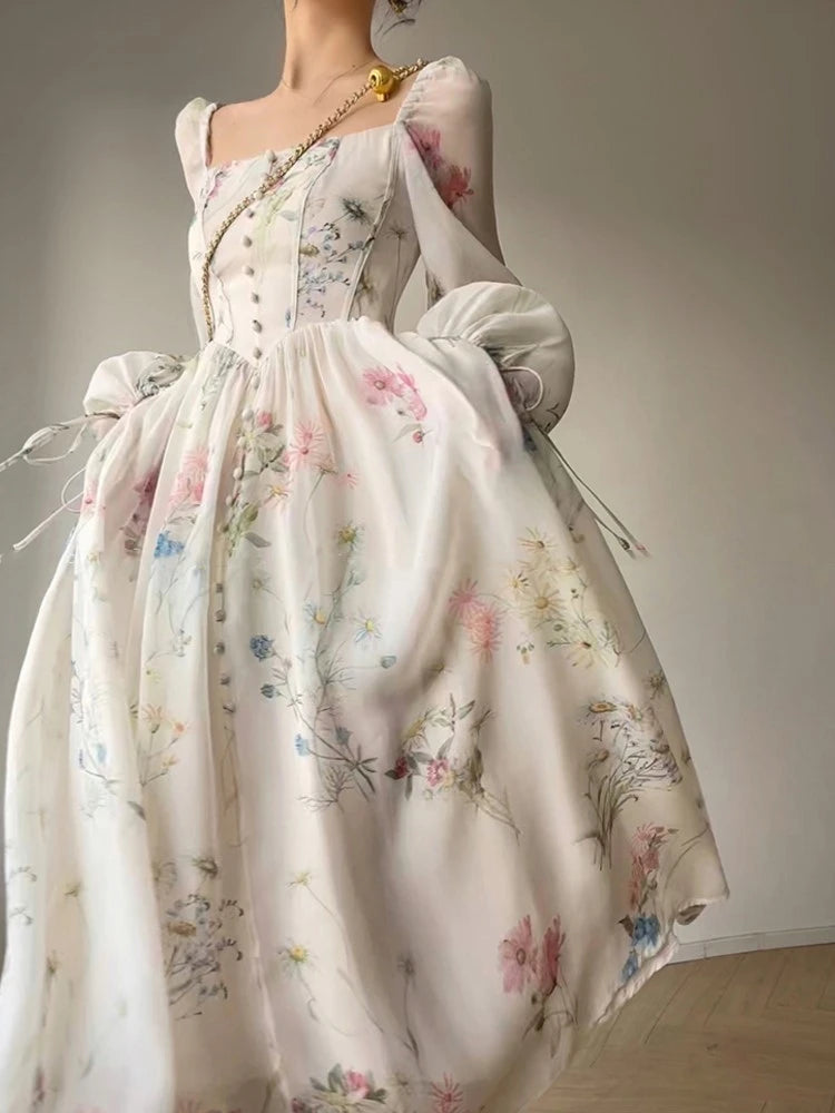 French Vinatge Evening Party Long Dresses for A-line Princess Dress Lantern Sleeve Spring Summer Prom Robe Vestidos