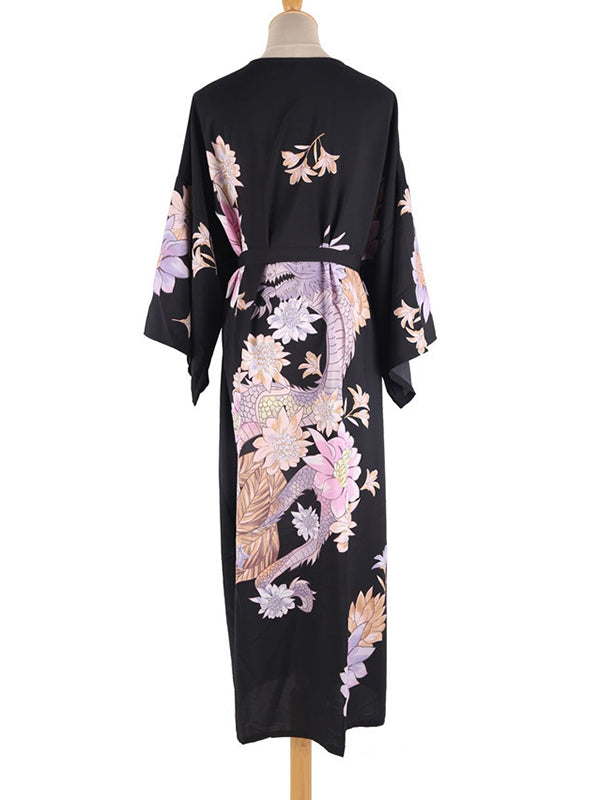 Dragon Print Half Sleeve Cardigan Loose Beach Cover-up Swimwear