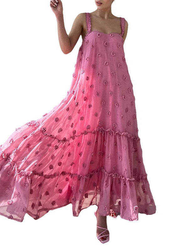 A-line High Waisted Layered Pleated Split-joint Three-dimensional Flower Spaghetti-neck Maxi Dresses