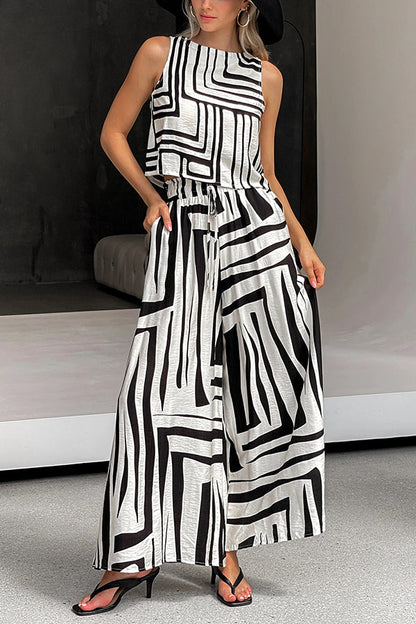 Striped Printed Sleeveless Top and Elastic Waist Loose Pocket Wide-leg Pants Set