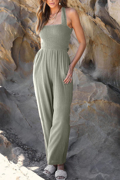 Collarless Straight Wide Leg Open Back Cross Strap Jumpsuit