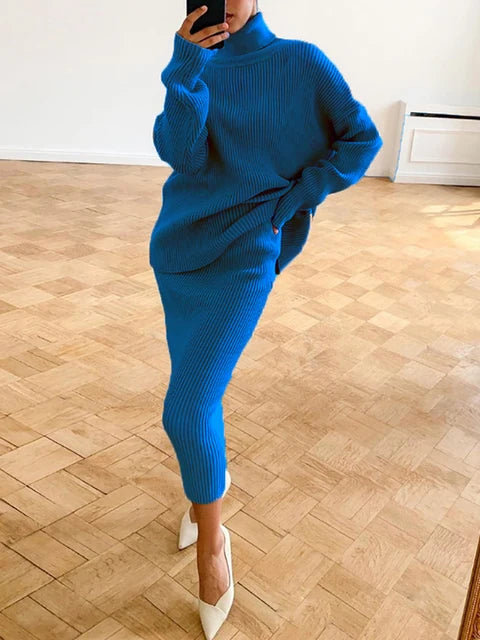 Knitted 2 Piece Outfit Set Long Sleeve Sweater Top and Pencil Long Skirts Autumn Two Piece Sweater Sets