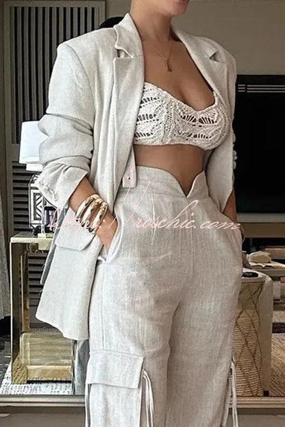 Stylish Lapel Long Sleeve Loose Jacket and Pocket Lace-up Straight Leg Pants Set