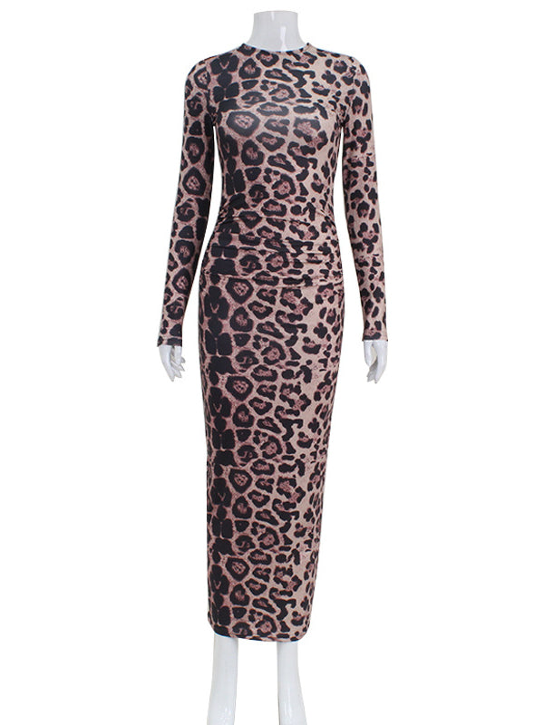 Bodycon Long Sleeves Leopard Printed Round-neck Maxi Dresses