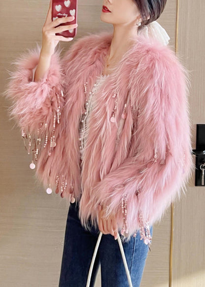 Pink O-neck Tassel Leather and Fur Coats Winter Wv032
