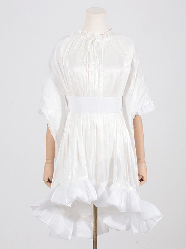 High-low Loose Pleated Split-joint Stand Collar Mini Dresses