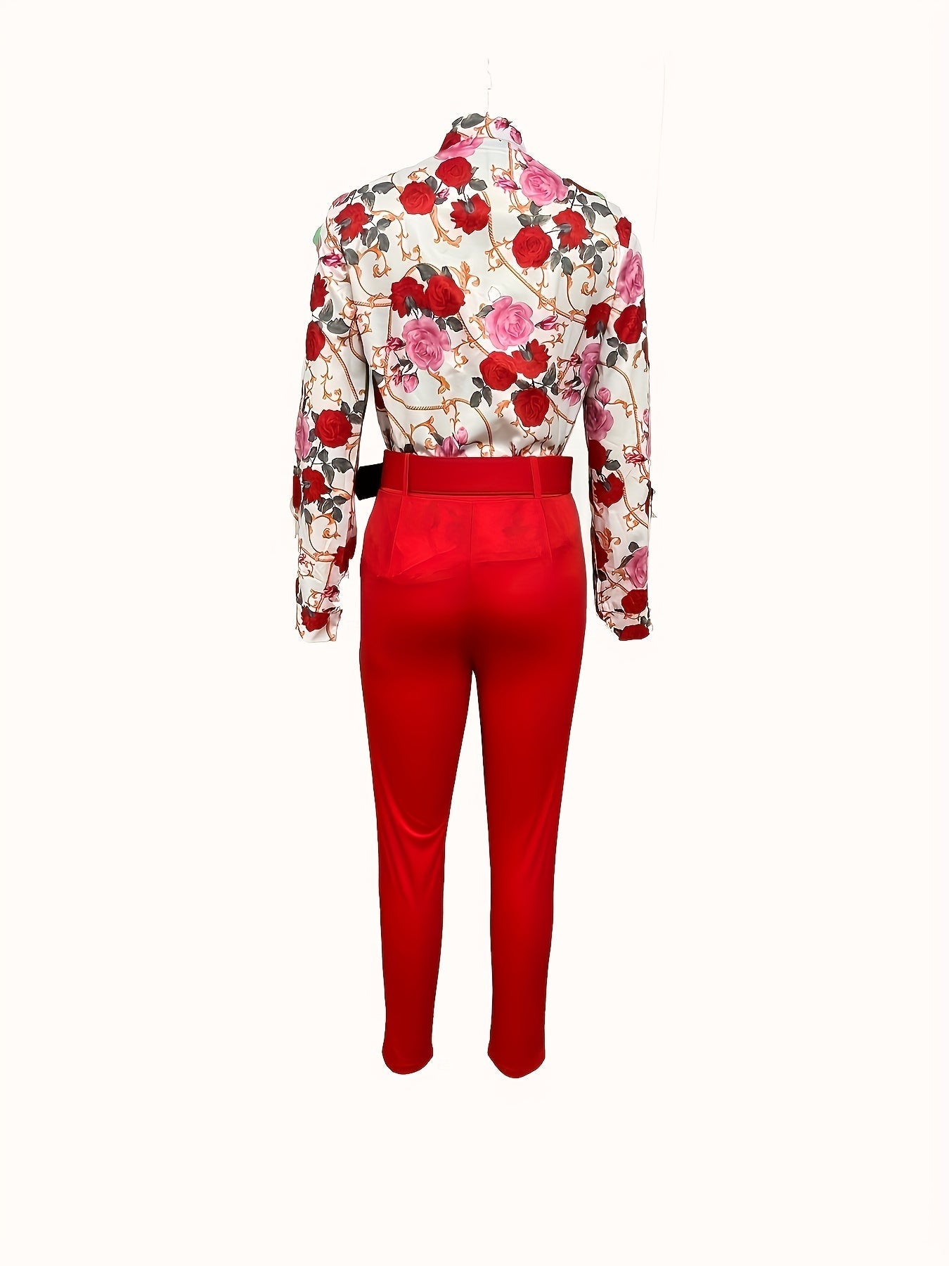 Print V Neck Long Sleeve Blouse & Belted Tapered Pants Td0870
