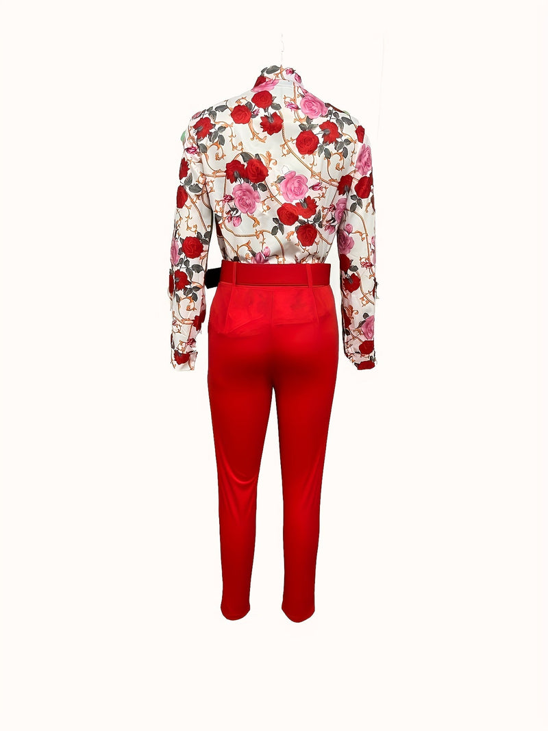 Print V Neck Long Sleeve Blouse & Belted Tapered Pants Td0870