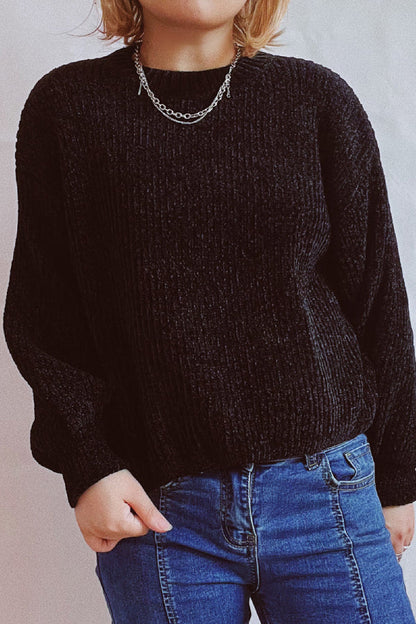 Color Round Neck Lantern Sleeve Short Knitted Sweater