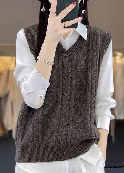 Camel V Neck Thick Cable Wool Knit Waistcoat Fall Qp042